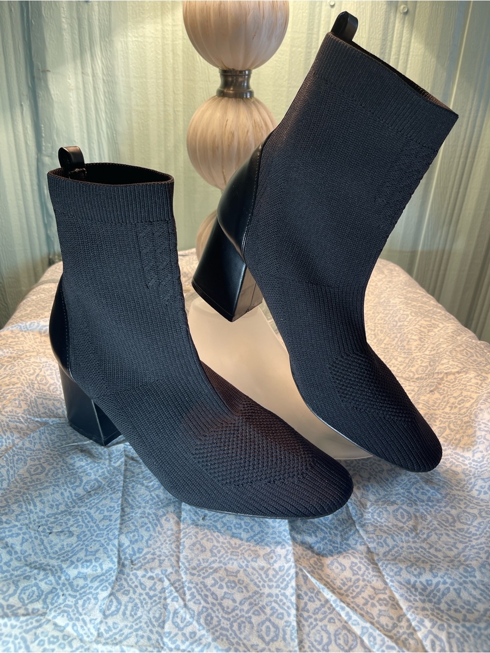 Jane and the Shoe CHERRY Black Knit Sock Booties - Sleek Block Heel 9.5